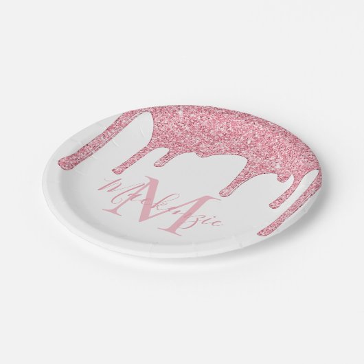Girl Blush Pink Glitzer Tropfen Monogram Birthday Pappteller (Schrägansicht)