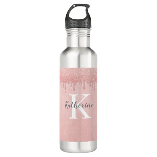 Girl Blush Pink Glitzer Tropfen Monogram Edelstahlflasche (Vorderseite)