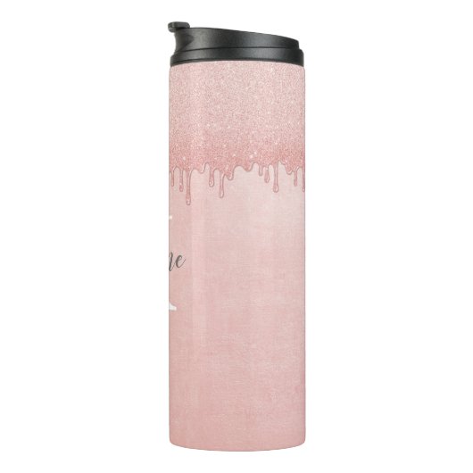Girl Blush Pink Glitzer Tropfen Monogram Thermosbecher (Nach rechts gedreht)
