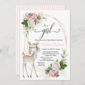 Girl Blush Pink Gold Floral Deer Baby Dusche Einladung (Vorne/Hinten)