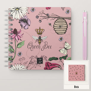 Girl Blush Pink Queen Bee & Crown Floral Monogram Notizblock