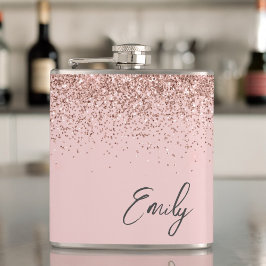 Girl Blush Pink Rose Gold Glitzer Monogram Flachmann