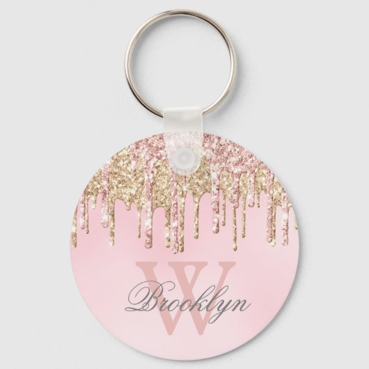 Girl Blush Pink Rose Gold Glitzer Tropfen Monogram Schlüsselanhänger (Vorderseite)