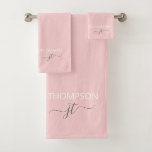 Girl Blush Pink Simple Script Monogram Name  Badhandtuch Set