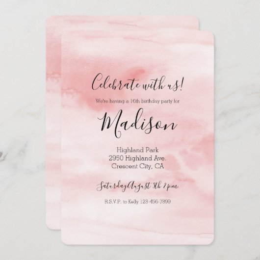 Girl Blush Pink Wasserfarbe personalisiert Einladung (Vorne/Hinten)