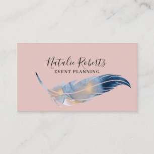 Girl Blush Pink Watercolor Feather Event Planning Visitenkarte