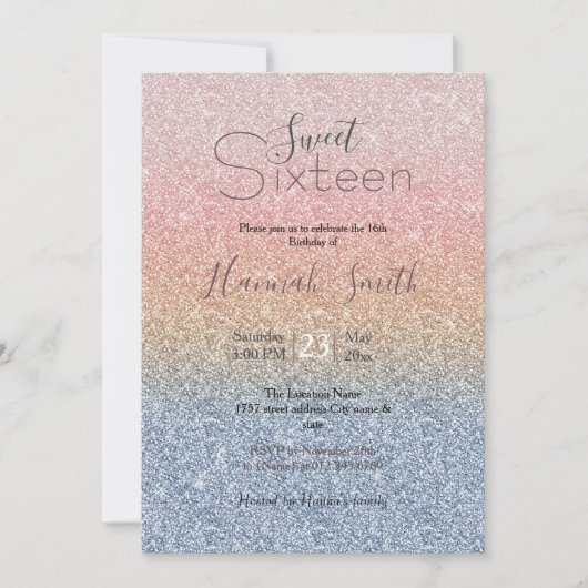 Girl Blush Rose Gold Blue Ombre Glitzer Glitzern Einladung (Vorderseite)