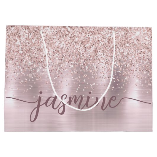 Girl Blush Rose Gold Glitzer Monogram Name Script Große Geschenktüte (Rückseite)