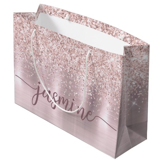 Girl Blush Rose Gold Glitzer Monogram Name Script Große Geschenktüte (Rückseite Schrägansicht)