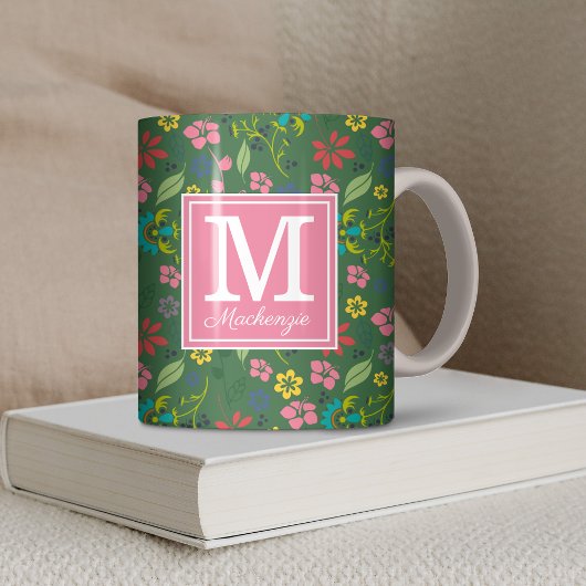 Girl-Bohemische Blume Forest Green Pink Monogram Kaffeetasse
