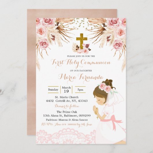 Girl Boho Pampas Floral erste Kommune Einladung (Vorne/Hinten)