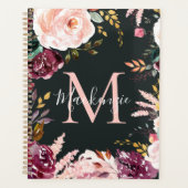 Girl Bold Pink Burgundy Gold Foil Floral Monogram Planer (Vorderseite)
