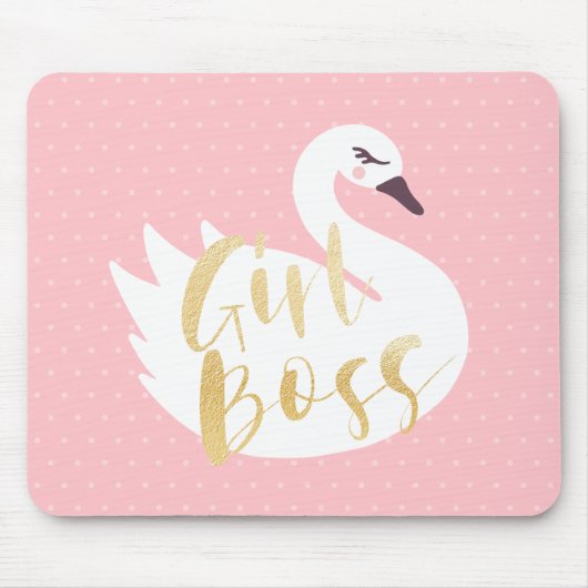 Girl Boss | Chic Girly White Swan & Polka Dot Mousepad (Vorne)