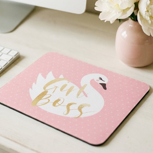 Girl Boss | Chic Girly White Swan & Polka Dot Mousepad