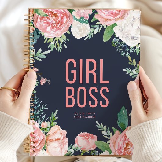 Girl Boss | Personalisierte Navy und Rosa Flora Planer