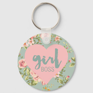 Girl Boss Pink und Blue Floral Herz Muster Schlüsselanhänger