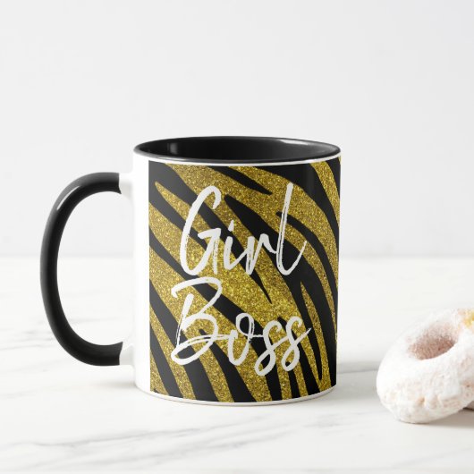 Girl Boss Zebra Streifen & Imitate Gold Glitzer Tasse (Mit Donut)
