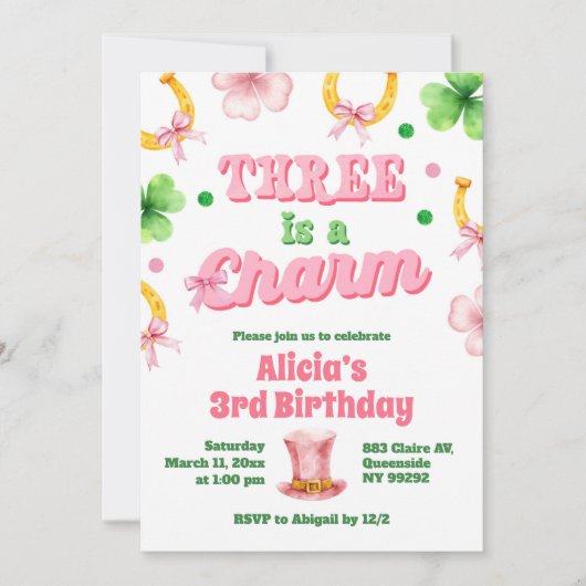 Girl Bow Glitter three is a charm St Patrick Einladung (Vorderseite)