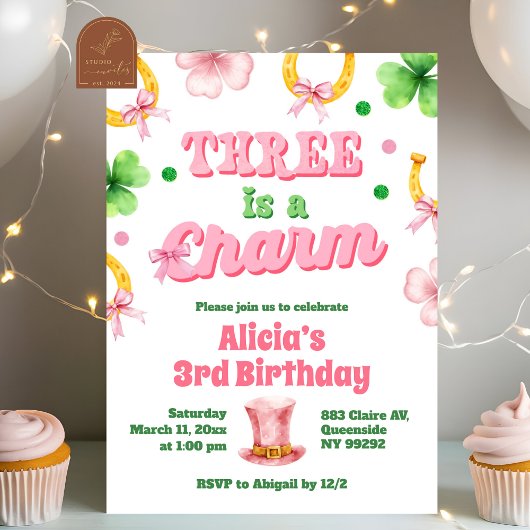 Girl Bow Glitter three is a charm St Patrick Einladung