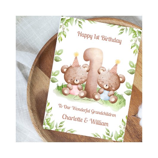 Girl Boy Twins 1st Birthday Teddy Bears Card Karte