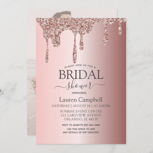 Girl Brautparty Rose Gold Glitzer Tropfen Einladung (Vorne/Hinten)