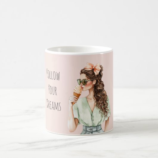 Girl Brown Hair Peach Bow Ice Cream Cone Kaffeetasse (Mittel)