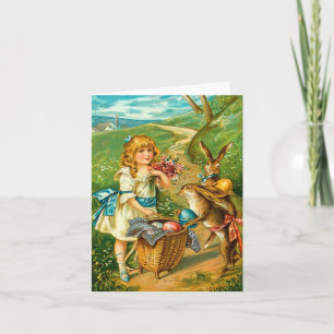 Girl & Bunnies Floral Vintage Easter Landscape Feiertagskarte