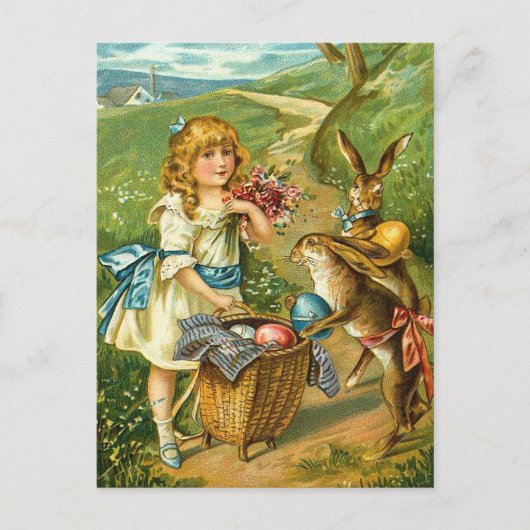 Girl & Bunnies Vintage Osterlandschaft Feiertagspostkarte (Vorderseite)