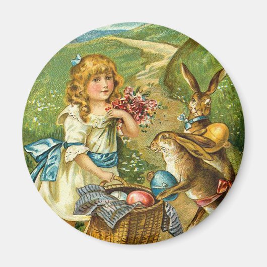 Girl & Bunnies Vintage Osterlandschaft Magnet (Vorne)