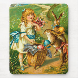 Girl & Bunnies Vintage Osterlandschaft Mousepad