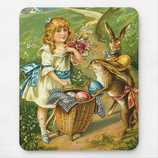 Girl & Bunnies Vintage Osterlandschaft Mousepad (Vorne)