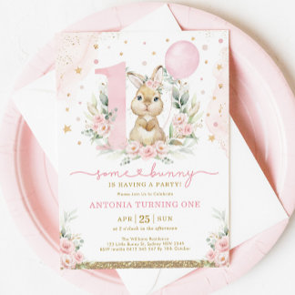 Girl Bunny 1. Geburtstag Pink Floral Ballon Party Einladung