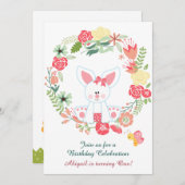 Girl Bunny and Wreath Einladung zum 1. Geburtstag (Vorne/Hinten)