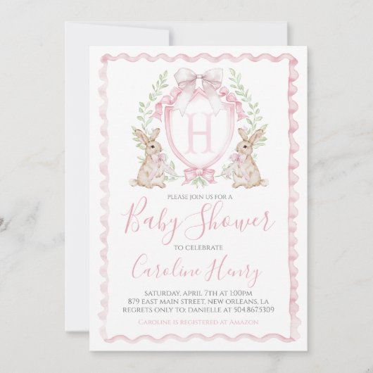 Girl Bunny Rabbit Baby Dusche Preppy Gingham Pink Einladung (Vorderseite)