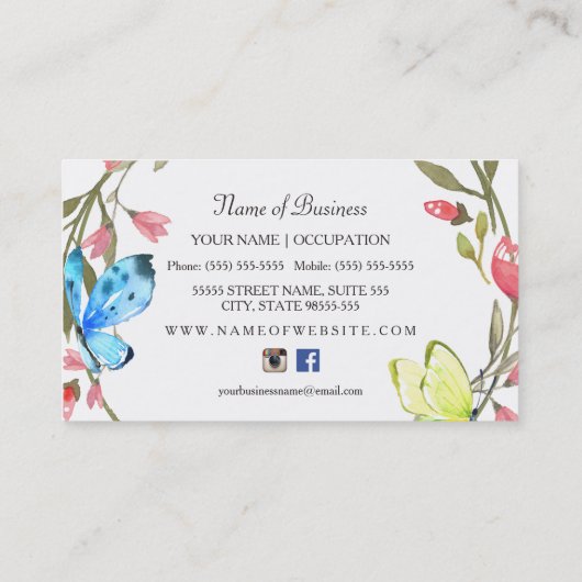 Girl Butterfly Floral and Stripes Eventplaner Visitenkarte (Rückseite)