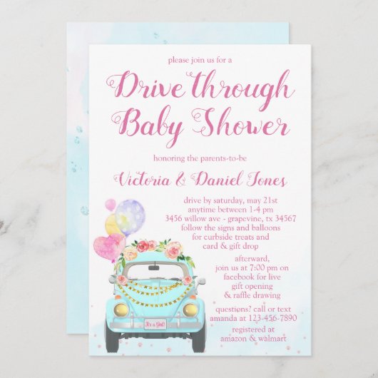 Girl Car Drive durch Babydusche Einladung (Vorne/Hinten)