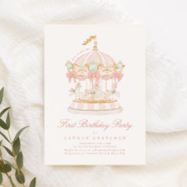 Girl Carousel Fairytale Bows Pink Geburtstagsparty Einladung