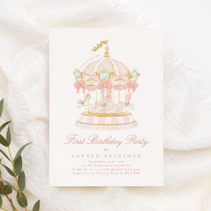 Girl Carousel Fairytale Bows Pink Geburtstagsparty Einladung