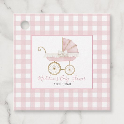 Girl Carriage Pink Gingham Gefälligetags Geschenkanhänger (Vorderseite)