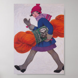 Girl Carried Giant Skein of Yarn Vintag Poster