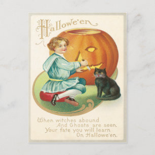 Girl Carving A Pumpkin Vintage Postkarte