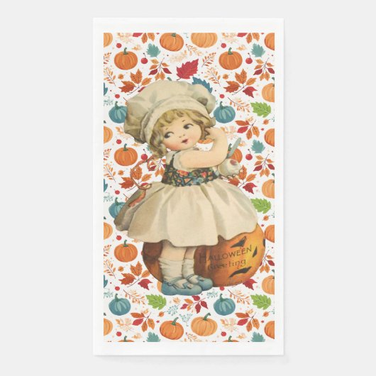 Girl Carving Apple und farbenfrohe Pumpkins Hallow Serviette (Vorderseite)