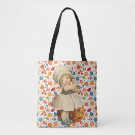Girl Carving Apple und farbenfrohe Pumpkins Hallow Tasche