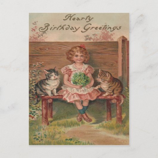 Girl Cat Kitten Blume Geburtstag Postkarte (Vorderseite)