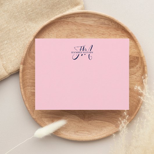 Girl Chic Blush Pink & Navy Blue Script Monogram Mitteilungskarte