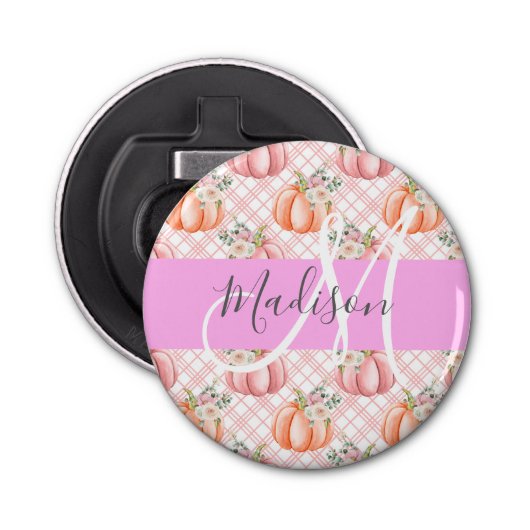 Girl Chic Floral Pink Peach Pumpkin Monogramm Name Flaschenöffner (Vorderseite)