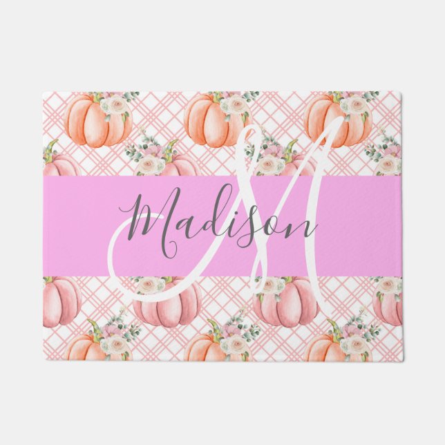 Girl Chic Floral Pink Peach Pumpkin Monogramm Name Fußmatte (Vorderseite)