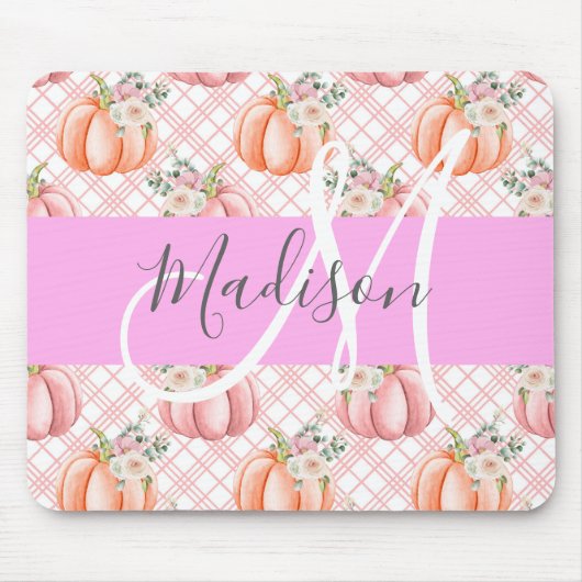 Girl Chic Floral Pink Peach Pumpkin Monogramm Name Mousepad (Vorne)