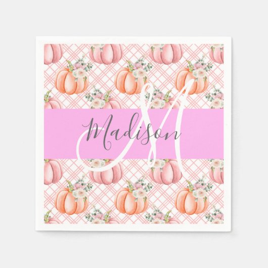 Girl Chic Floral Pink Peach Pumpkin Monogramm Name Serviette (Vorderseite)
