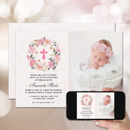 Girl Christening Watercolor Pink Floral Einladung